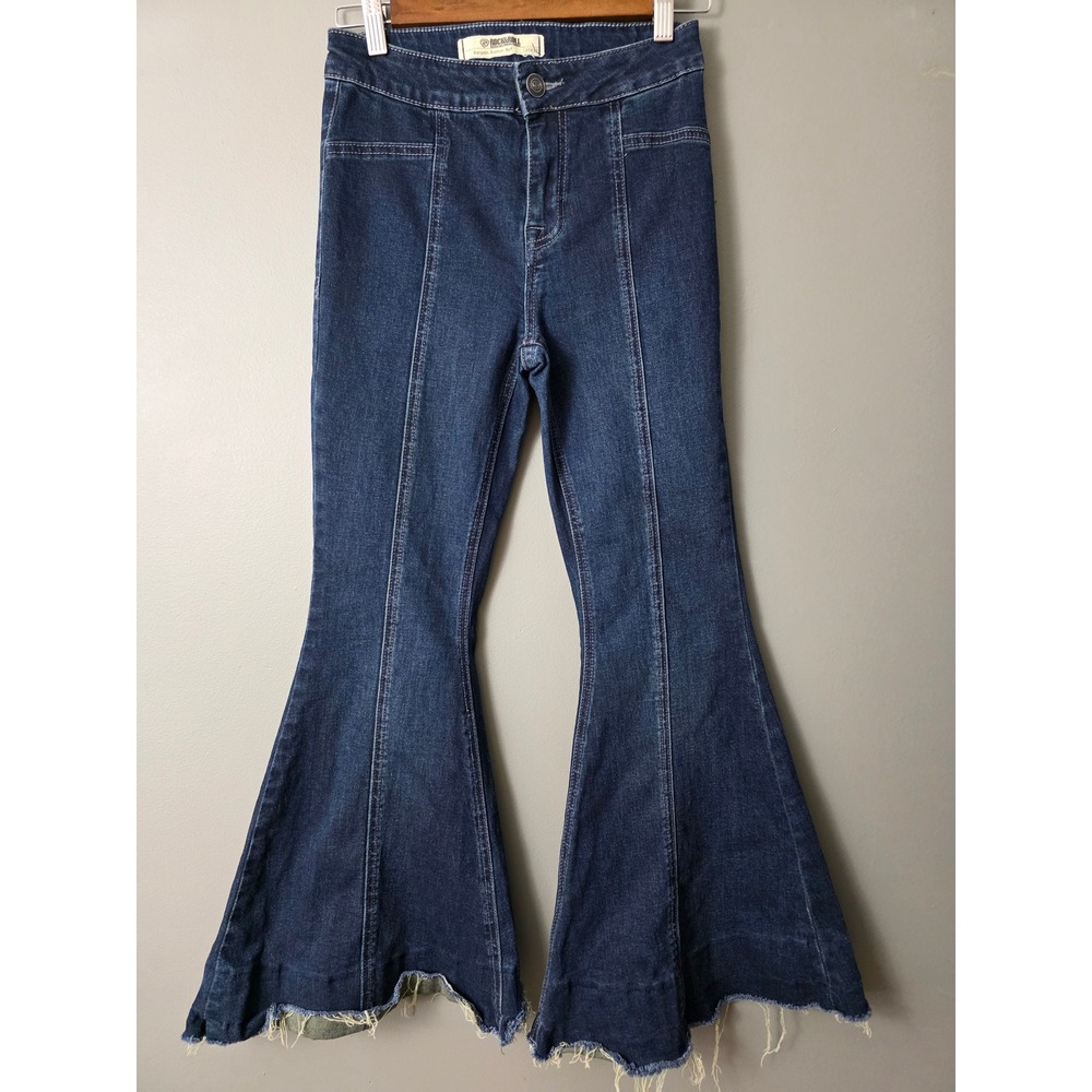 Rock & Roll Denim Bargain Button Bell Jeans Dark Wash Flare Raw Hem 25x32